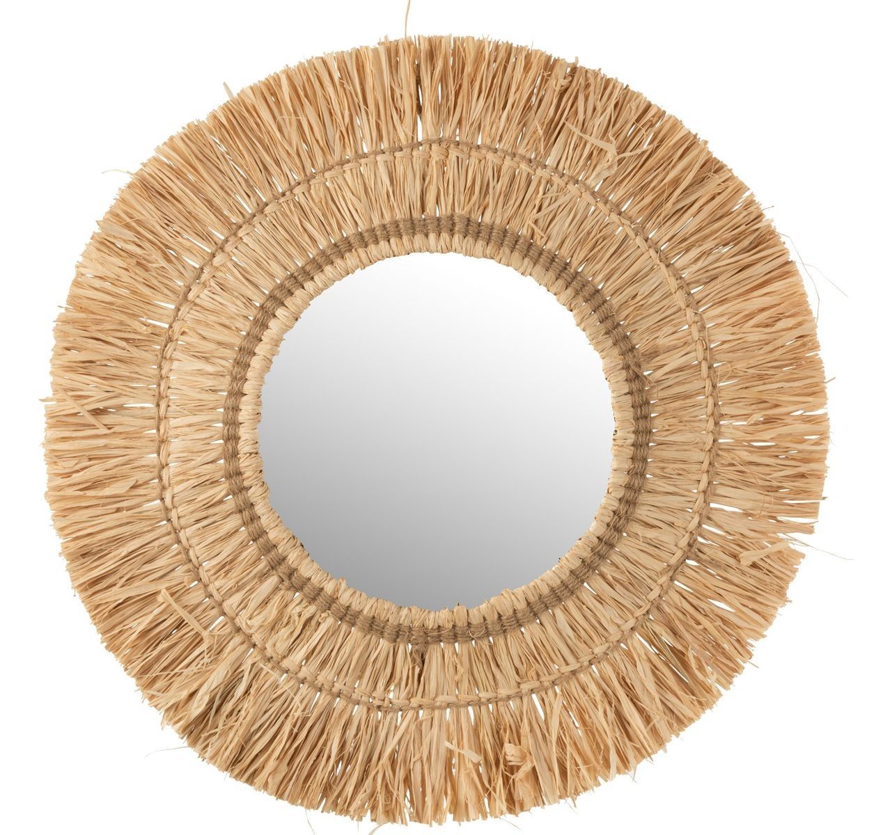 Nástenné okrúhle zrkadlo v ráme z prírodnej trávy Raffia natural - 61*2,5*61 cm