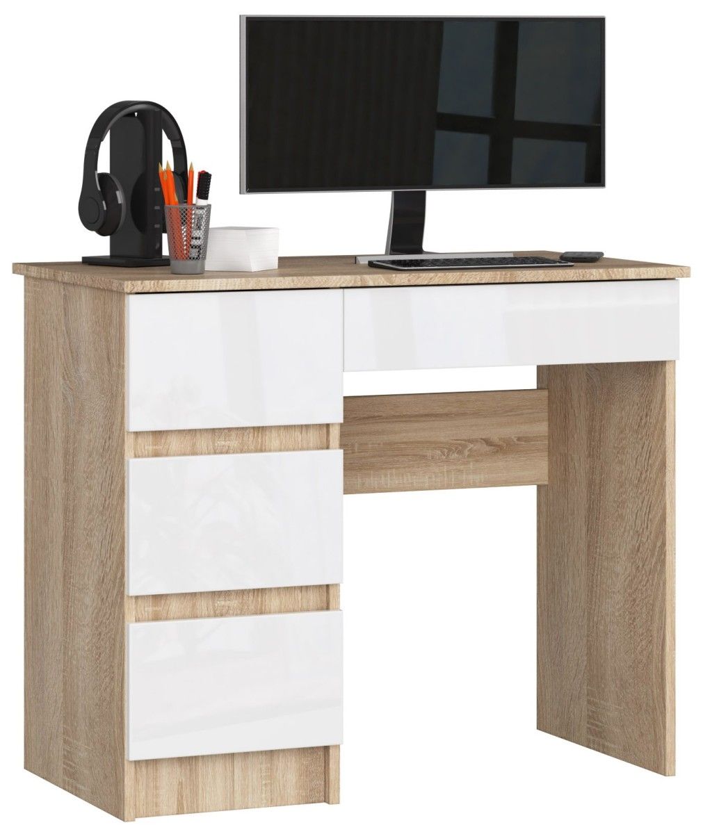 Písací stôl A-7 90 cm dub sonoma/biely lesk ľavý
