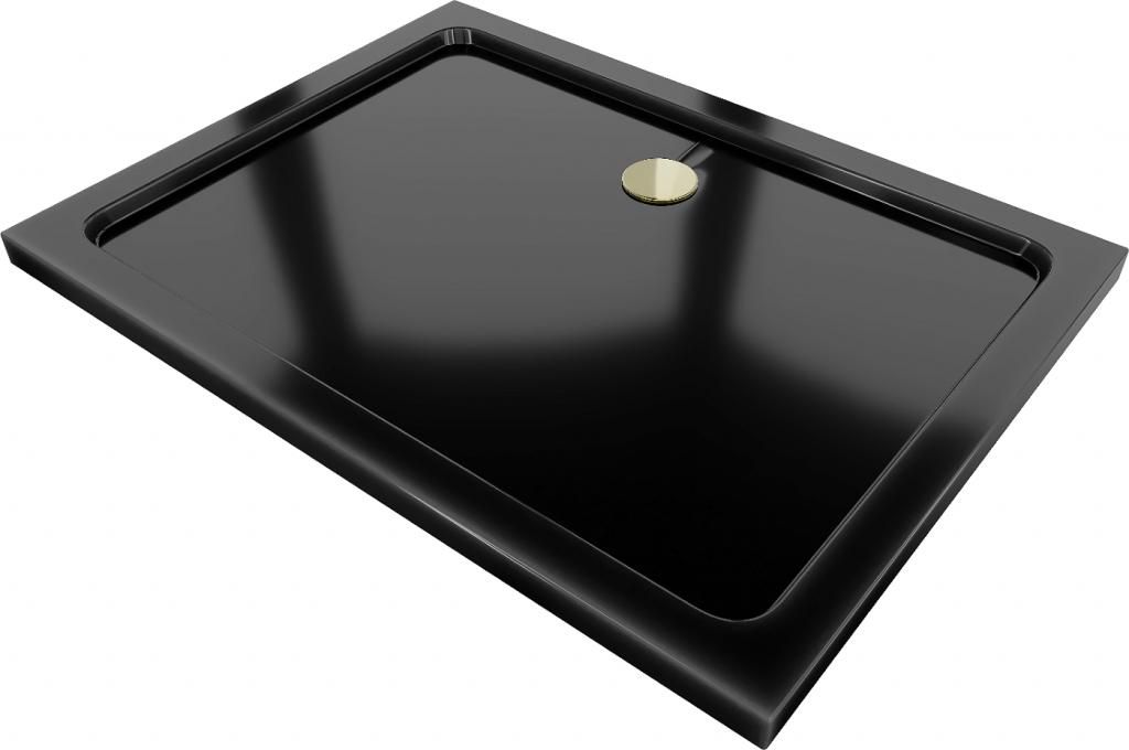 MEXEN/S - Flat sprchová vanička obdĺžniková slim 100 x 70 cm, čierna + zlatý sifón 40707010G