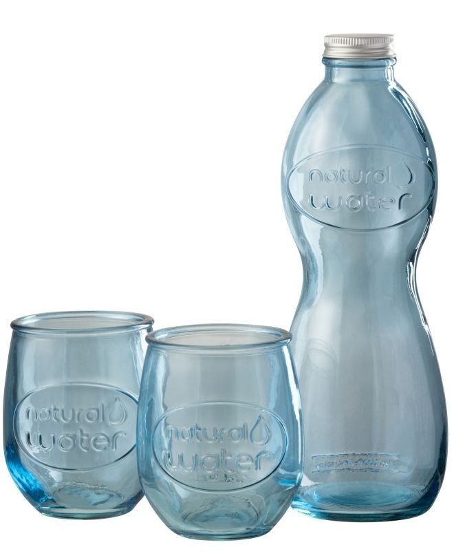 Modrá sklenená fľaša a 2skleničky Natural - Ø 10 * 26cm