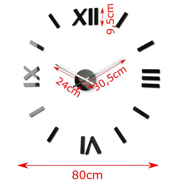 DomTextilu Dizajnové čierne nalepovacie hodiny 80 cm s rímskymi číslicami 57263