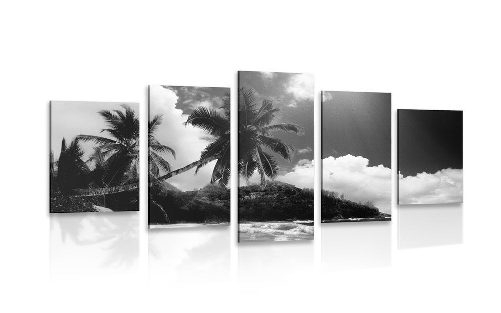 5-dielny obraz nádherná pláž na ostrove Seychely v čiernobielom prevedení