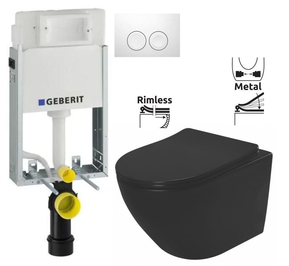 GEBERIT KOMBIFIXBasic vr. bieleho tlačidla DELTA 21 + WC REA CARLO MINI RIMLESS ČIERNY MAT + SEDADLO 110.100.00.1 21BI MM1