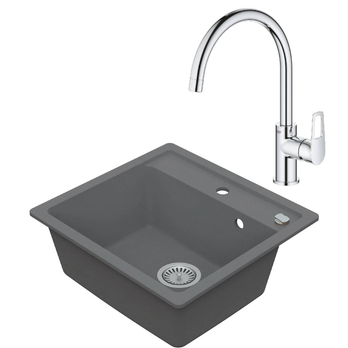 VIMA Drezový set Grohe 1/C - Granitový drez, 53x50cm, Sivá + Drezová batéria Grohe Bau Loop