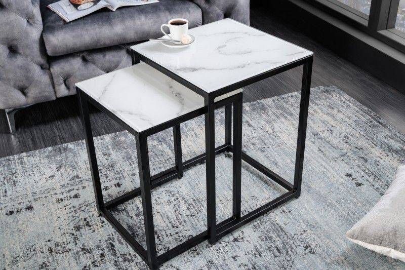 Estila Moderný set príručných stolíkov Industria Marbleux s čiernou kovovou podstavou v prevedení mramor biely 55cm