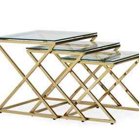 Estila Art deco set troch sklenených príručných stolíkov Brilia s kovovou konštrukciou lesklej zlatej farby