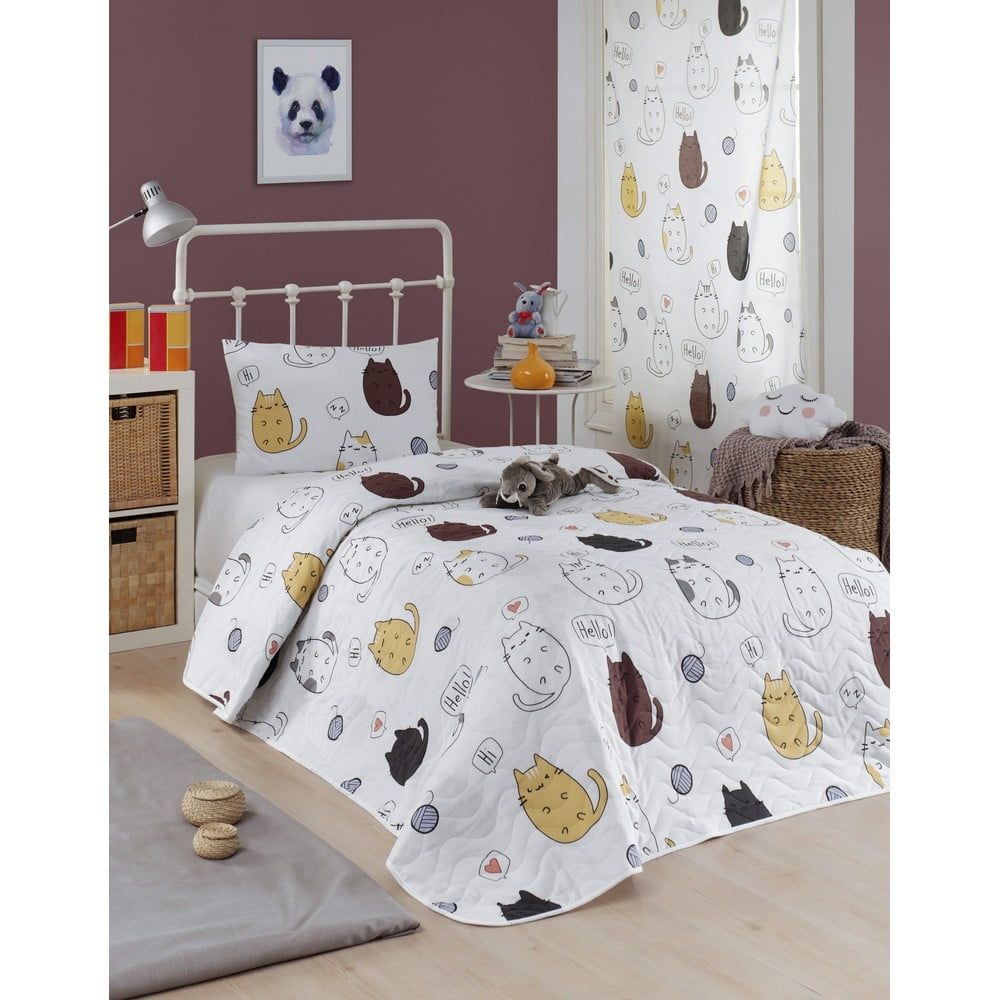 Set prehozu cez posteľ a obliečky na vankúš s prímesou bavlny Eponj Home Hello Cats White, 160 x 220 cm