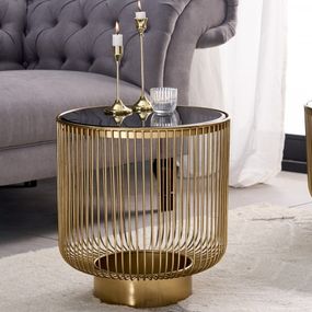 Estila Art deco dizajnový konferenčný stolík Esme so zlatou konštrukciou a okrúhlou čiernou doskou zo skla 40cm