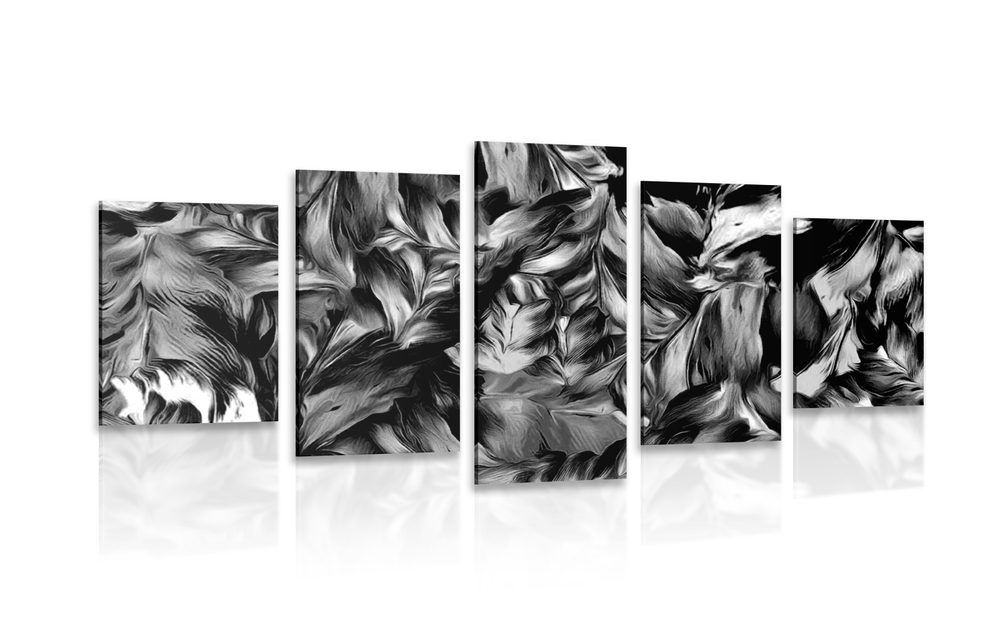5-dielny obraz retro ťahy kvetov v čiernobielom prevedení
