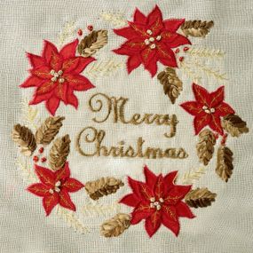 DomTextilu Vianočný behúň MERRY CHRISTMAS v krémovej farbe s vencom červených kvetov 12289-34776