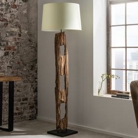 Estila Moderná dizajnová stojaca lampa Adelise v etno štýle s drevenou podstavou a s bielym tienidlom 177cm