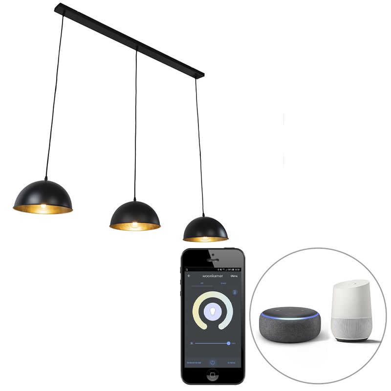 Smart hanglamp zwart met goud 3-lichts incl. Wifi A60 - Magnax