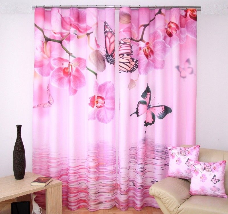 Krásny ružový záves na okná s orchideami a motýlikmi 3D