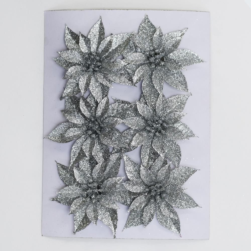 Vianočná Poinsettia plast. 8,5cm s/6 strieborná 8002435