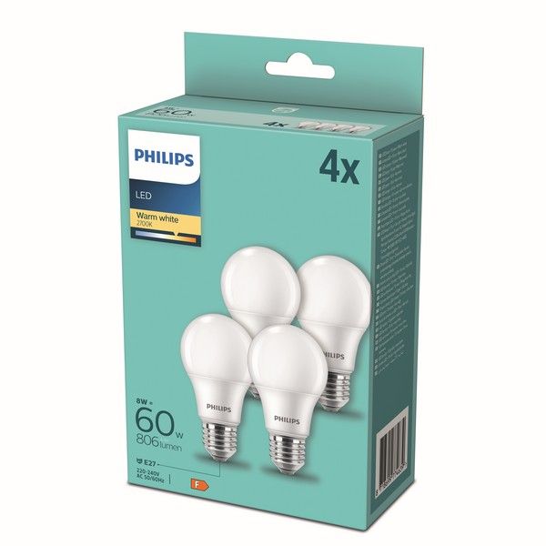 Philips 8718699774639 LED žiarovka E27 8W/60W 806lm A60 2700K 4-set