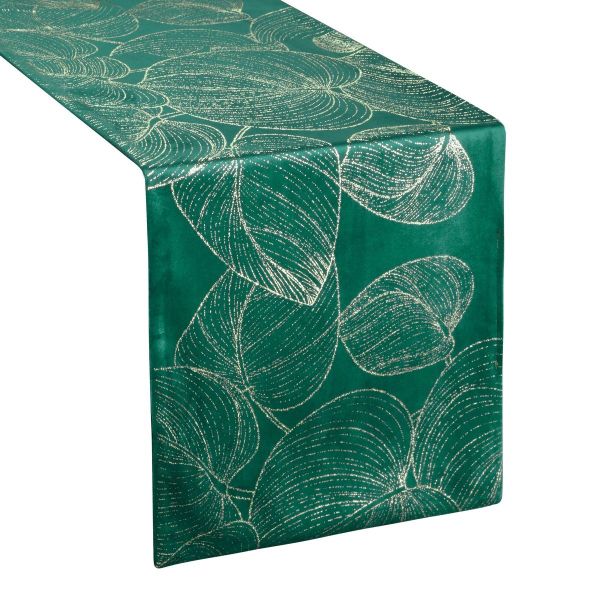 DomTextilu Zamatový stredový obrus s lesklou potlačou listov zelenej farby 68661-244364 Zelená