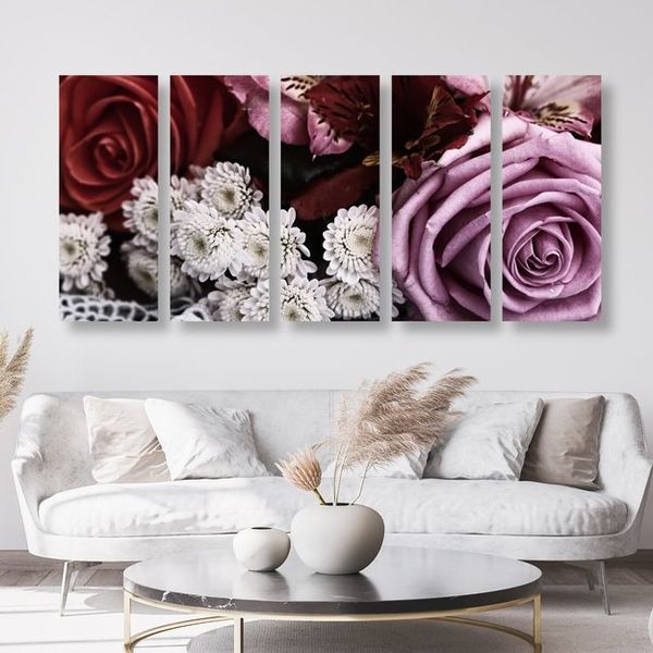 5-dielny obraz kytica ruží v retro štýle - 100x50