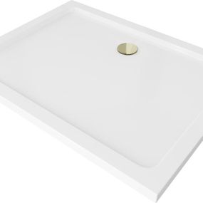 MEXEN/S - Flat sprchová vanička obdĺžniková slim 130 x 100 cm, biela + zlatý sifón 40101013G