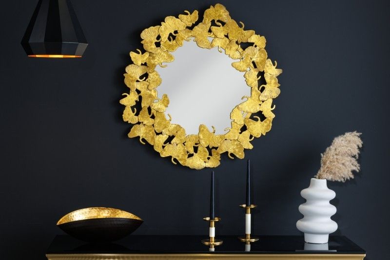 Estila Glamour okrúhle nástenné zrkadlo Ginko v zlatom prevedení s ozdobným kovovým rámom z listov ginka 70cm