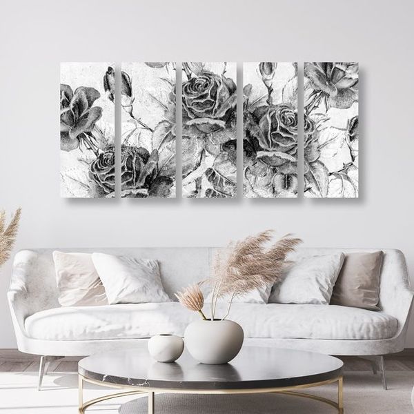 5-dielny obraz vintage kytica ruží v čiernobielom prevedení - 100x50