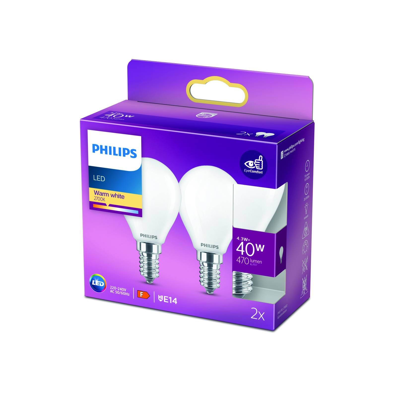Philips kvapková LED E14 4, 3W 2 700K opálová 2ks, sklo, E14, 4.3W, Energialuokka: E, P: 8.2 cm