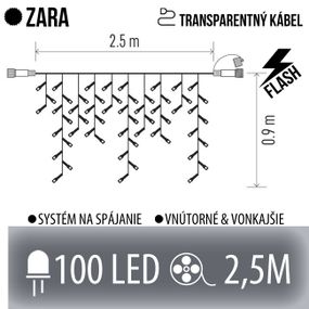 ZARA spojovateľná LED svetelná záclona vonkajšia FLASH - 100LED - 2,5M Studená biela - transparentný kábel