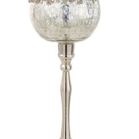 Skleněný svicen na nožičce se stříbrným zdobením a kamínky Luxy - Ø  12*33 cm