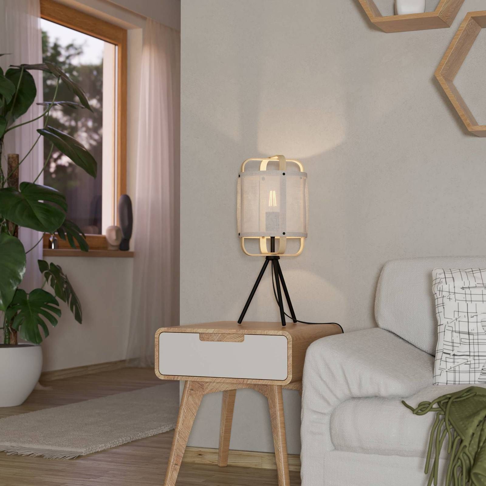 EGLO Stolová lampa Surfleet bambusovo/ľanové tienidlo, Obývacia izba / jedáleň, oceľ, bambus, ľan, E27, 40W, K: 51.5cm