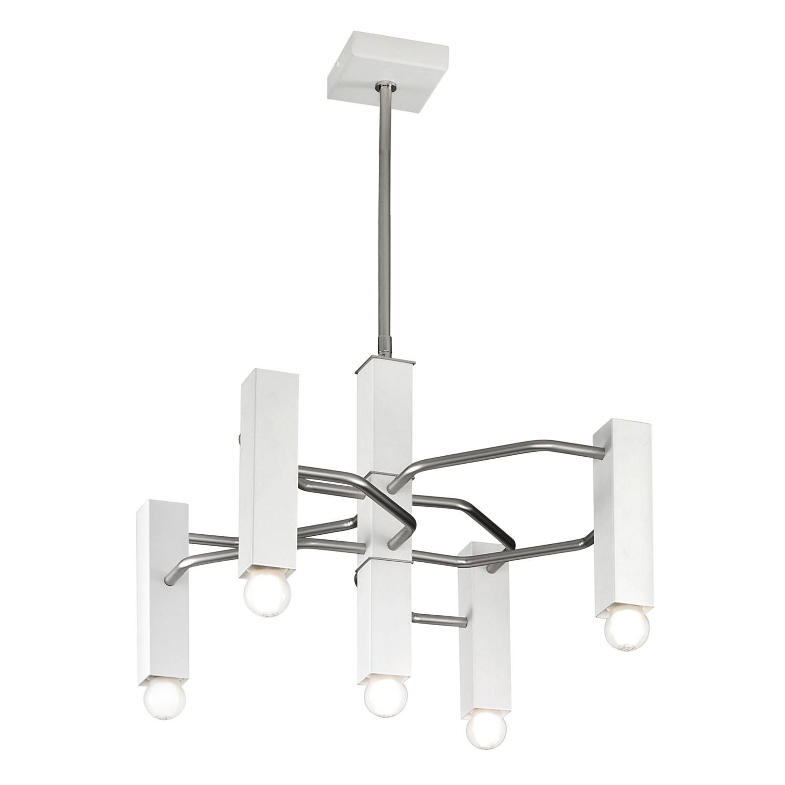 Metallux Závesná lampa Raster 5-pl. matný nikel/biela, Obývacia izba / jedáleň, železo, E27, 40W, P: 42 cm, L: 42 cm, K: 35cm