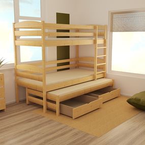 Detská poschodová posteľ s prístelkou z MASÍVU 200x90cm so zásuvkou - PPV016
