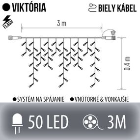 Viktória spojovateľná led svetelná záclona vonkajšia flash - 50led - 3m studená biela - biely kábel