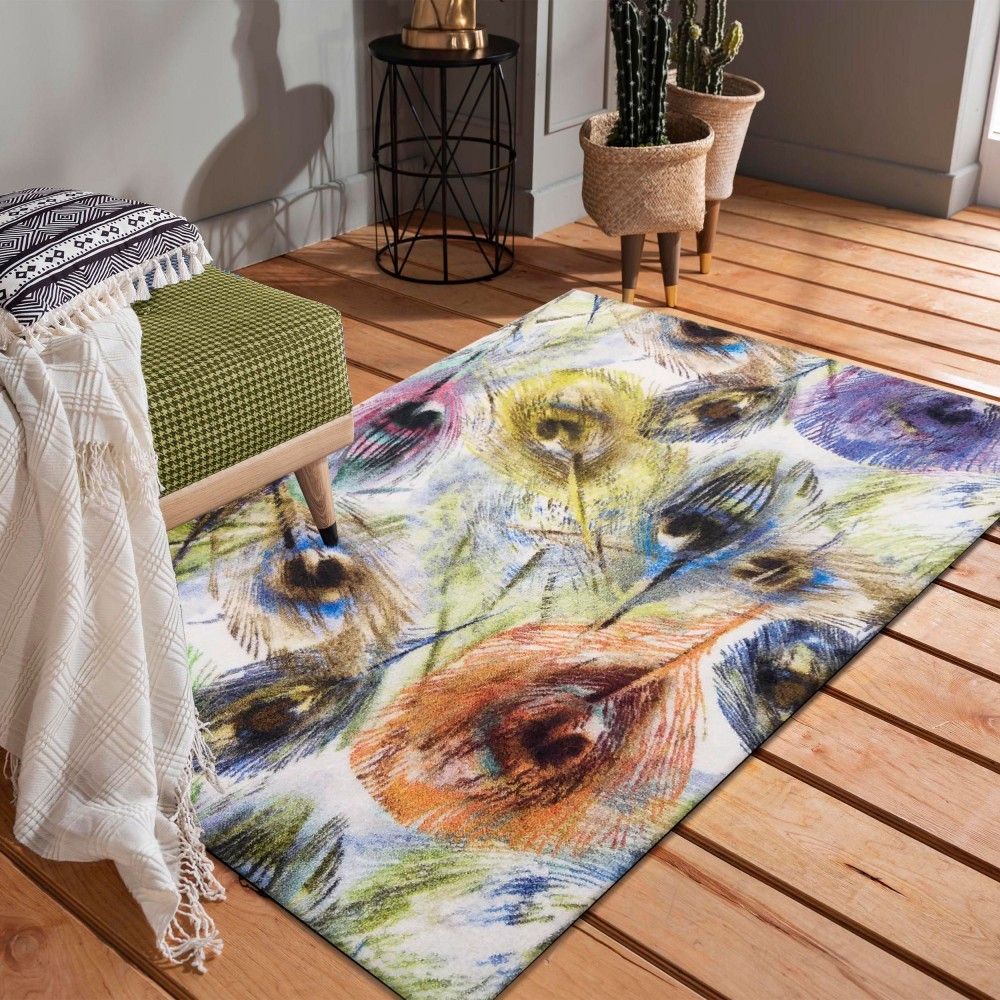 DomTextilu Fenomenálny farebný koberec s motívom pávích pierok 40981-187445  80 x 150 cm krémová