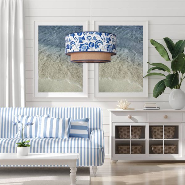 Euluna Závesné svietidlo Hampton Boho modré kvety/juta, Obývacia izba / jedáleň, bavlna, juta, kov, E27, 40W, K: 22cm