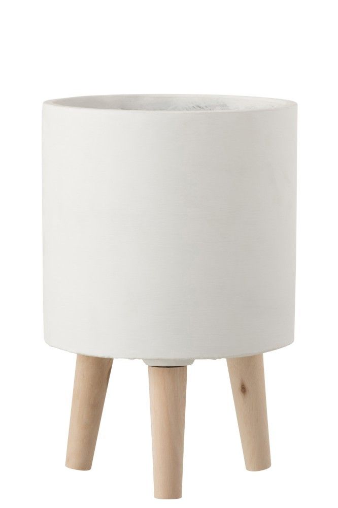 Cementový biely kvetináč na drevených nôžkach - Ø19,5 * 30 cm