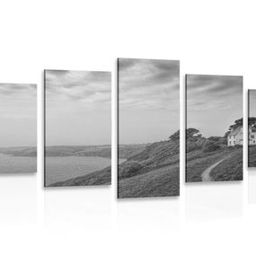5-dielny obraz dom na útese v čiernobielom prevedení - 100x50