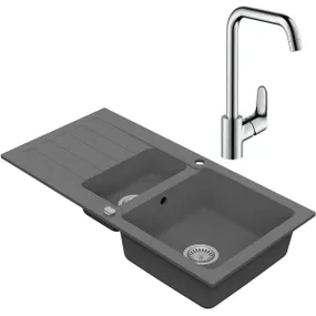 VIMA Drezový set Hansgrohe 3/C - Granitový drez, 1,5 sektora, 96x48cm, Sivá + Drezová batéria Hansgrohe Focus