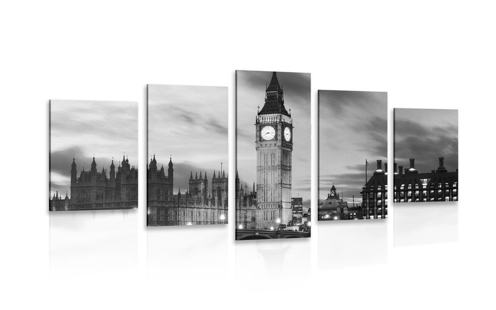 5-dielny obraz Big Ben v Londýne v čiernobielom prevedení
