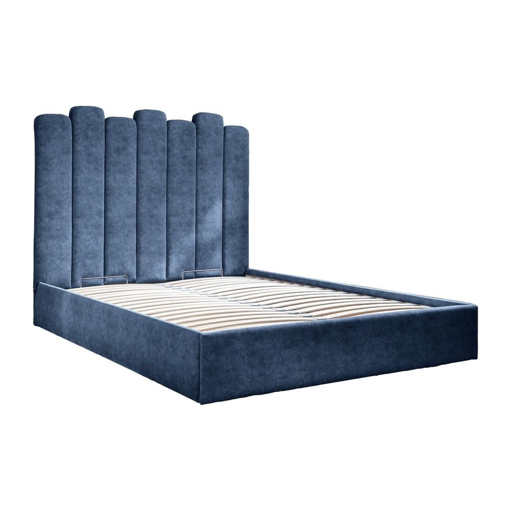 Modrá čalúnená dvojlôžková posteľ s úložným priestorom s roštom 140x200 cm Dreamy Aurora – Miuform