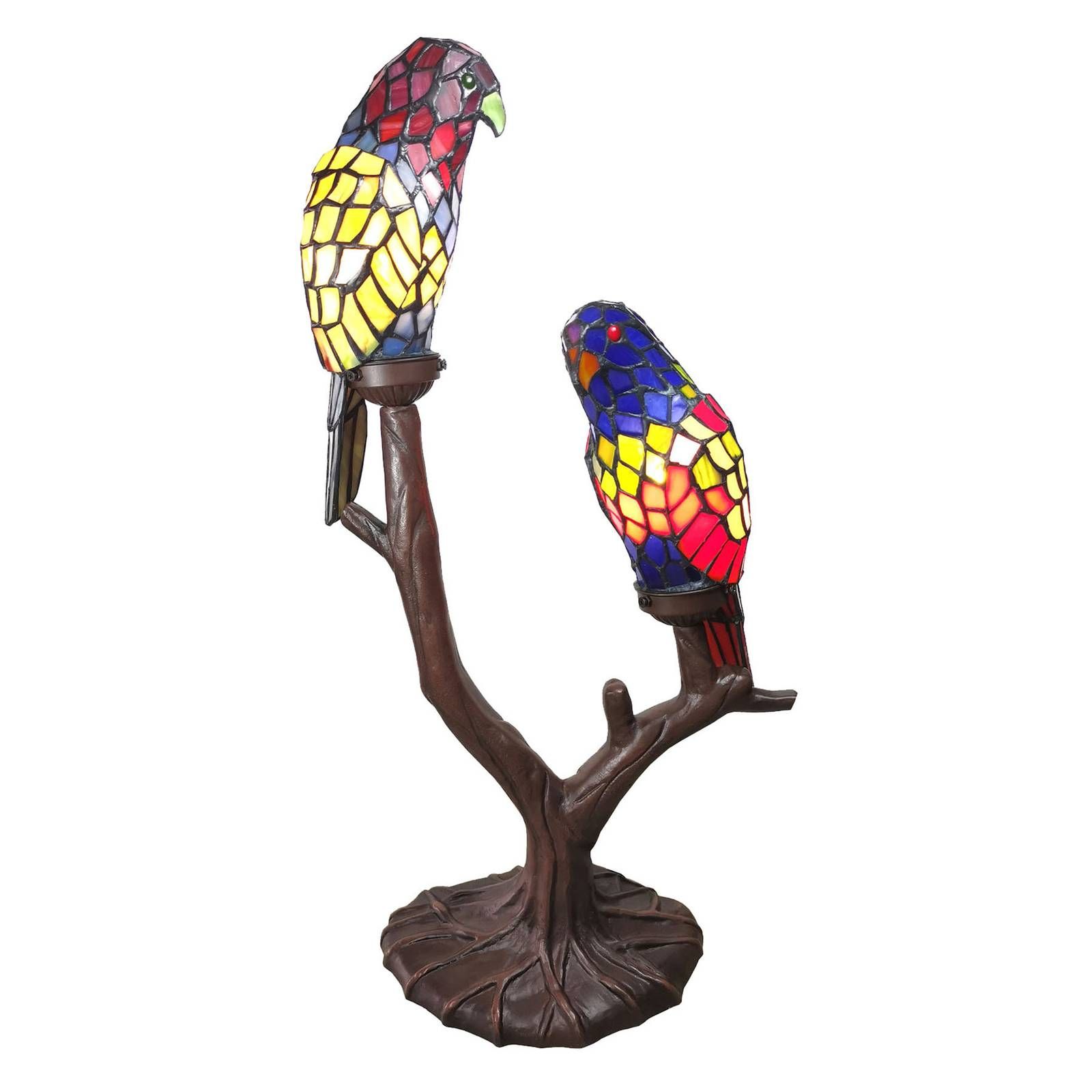 Clayre&Eef Dekoračná lampa 6017, dve papagáje, Tiffany design, Obývacia izba / jedáleň, polyrezín, sklo, E14, 25W, L: 50 cm, K: 63cm