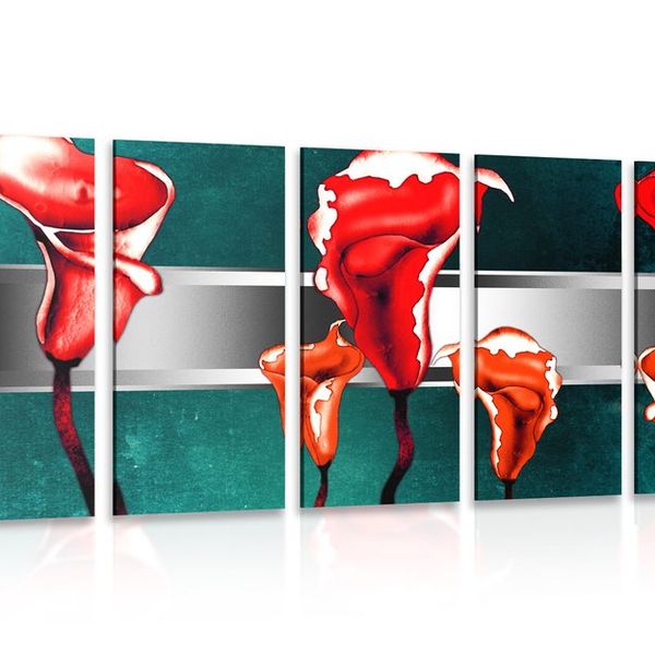 5-dielny obraz abstraktné červené kaly - 100x50