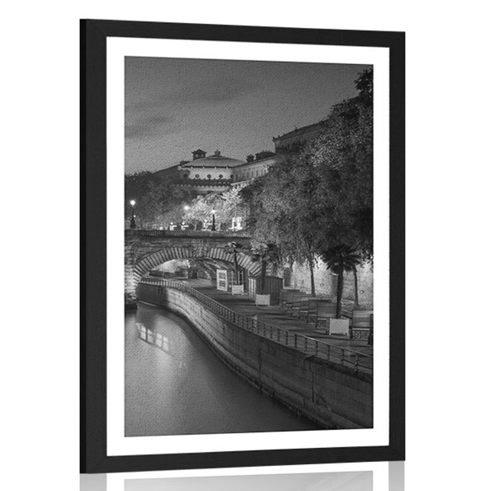 Plagát s paspartou nábrežie Paríža v čiernobielom prevedení - 30x45 black