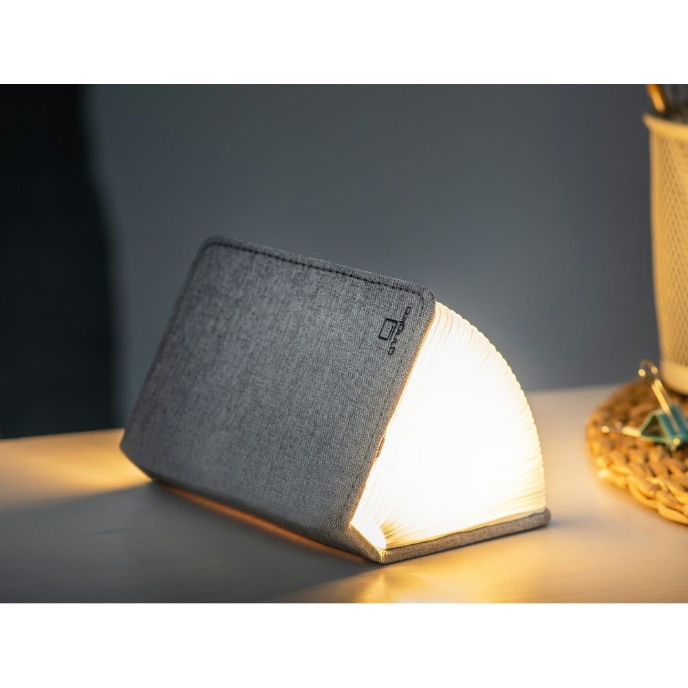 Sivá malá LED stolová lampa v tvare knihy Gingko Booklight