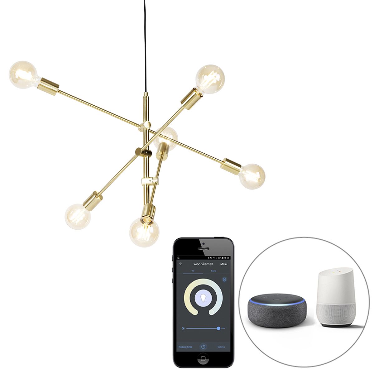 Smart hanglamp mat messing 6-lichts incl. Wifi G95 - Sydney