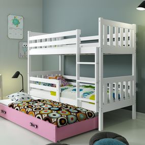 Poschodová posteľ s prístelkou CARINO 3 - 190x80cm - Biela - Ružová
