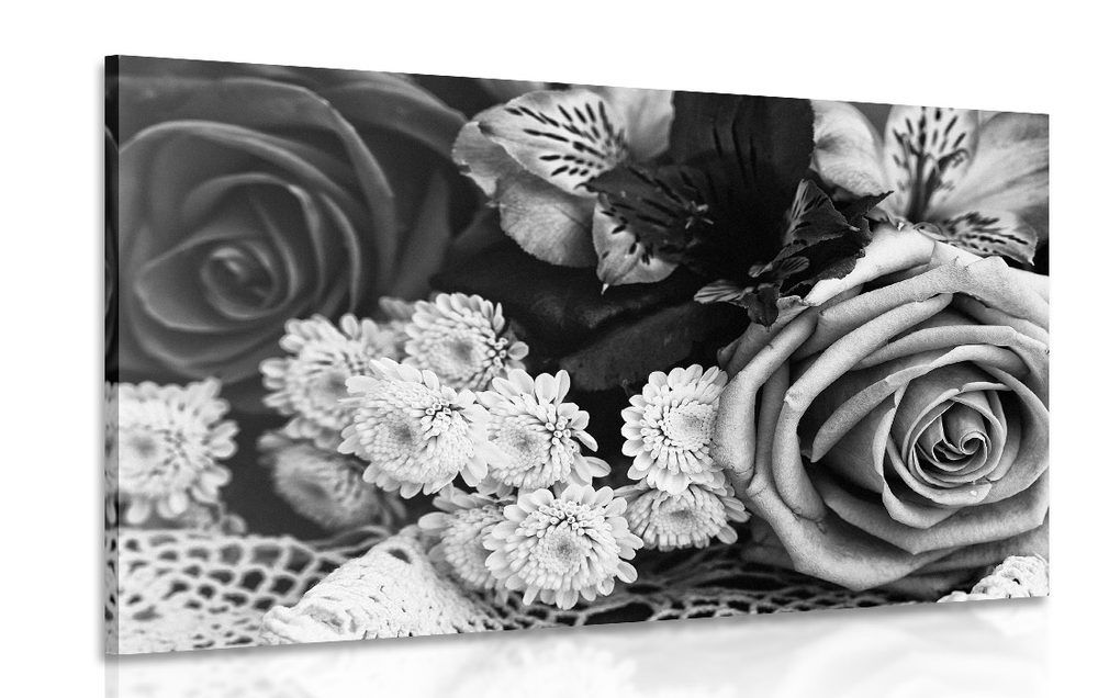 Obraz retro kytica ruží v čiernobielom prevedení