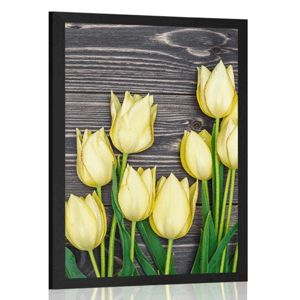 Plagát žlté tulipány na drevenom podklade - 40x60 black