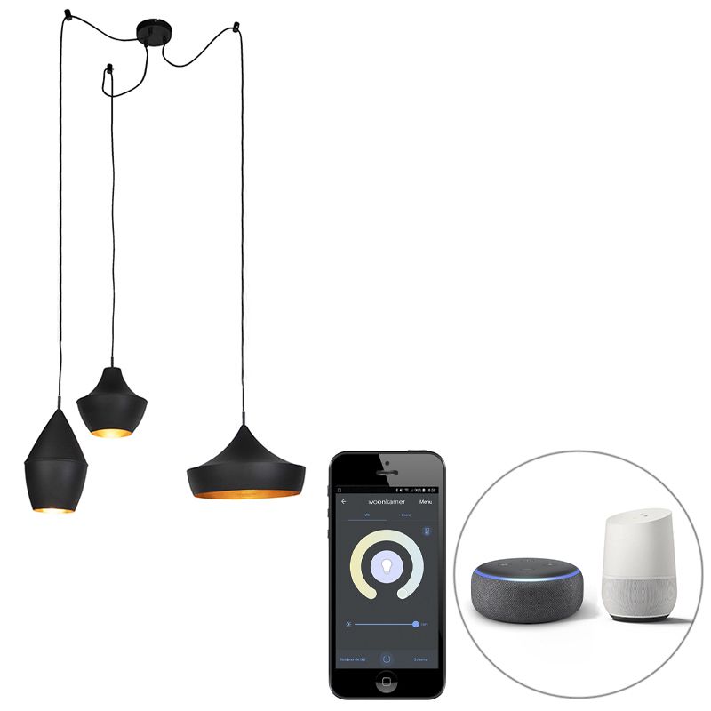 Set van 3 smart hanglampen zwart met goud incl. Wifi A60 - Depeche