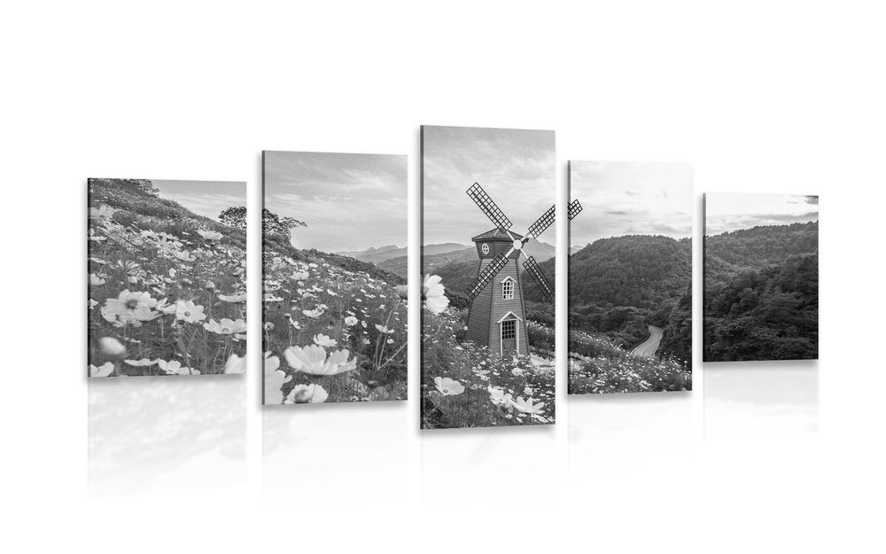 5-dielny obraz lúka pri kúzelnom mlyne v čiernobielom prevedení