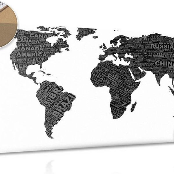 Obraz na korku čiernobiela mapa sveta - 90x60  color mix