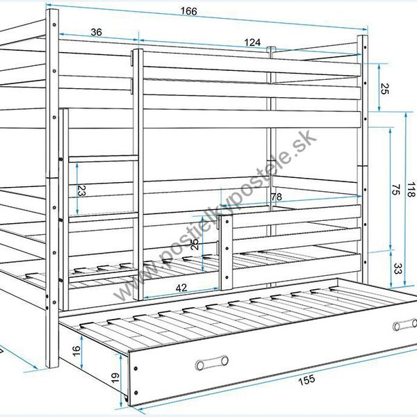 Poschodová posteľ s prístelkou ERIK 3 - 160x80cm - Biela - Zelená